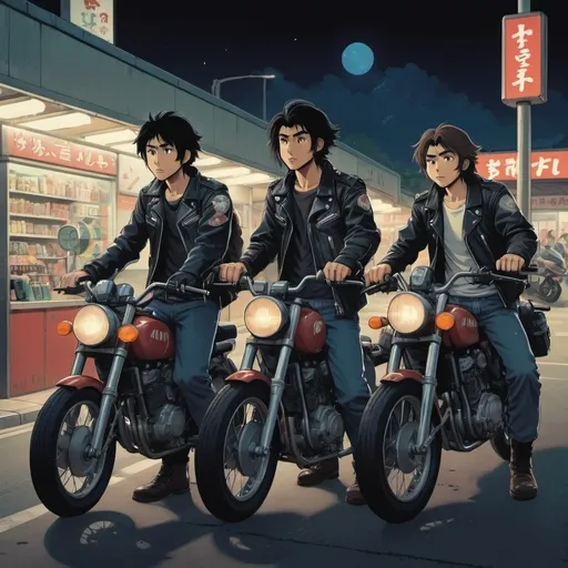 Prompt: Ghibli 2D anime style. A group of male Japanese Go go bikers. all wear identical attire including leather jacket. Armed with a variety of weapons. Nighttime outside of a gas station. Parked motorcycles.