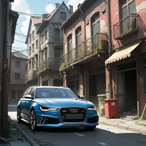 Prompt: Studio Ghibli 2D anime style. A 2014 Audi RS6 Avant. Set in a dilapidated city street. 