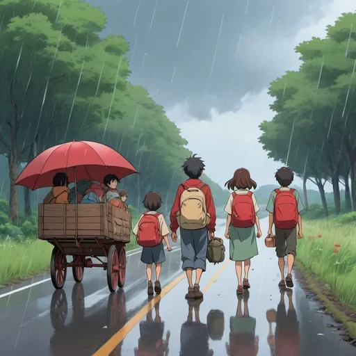 Prompt: Ghibli 2D anime style. A group of refugees with kids, red wagon and backpacks. walking along the side of a highway. raining.