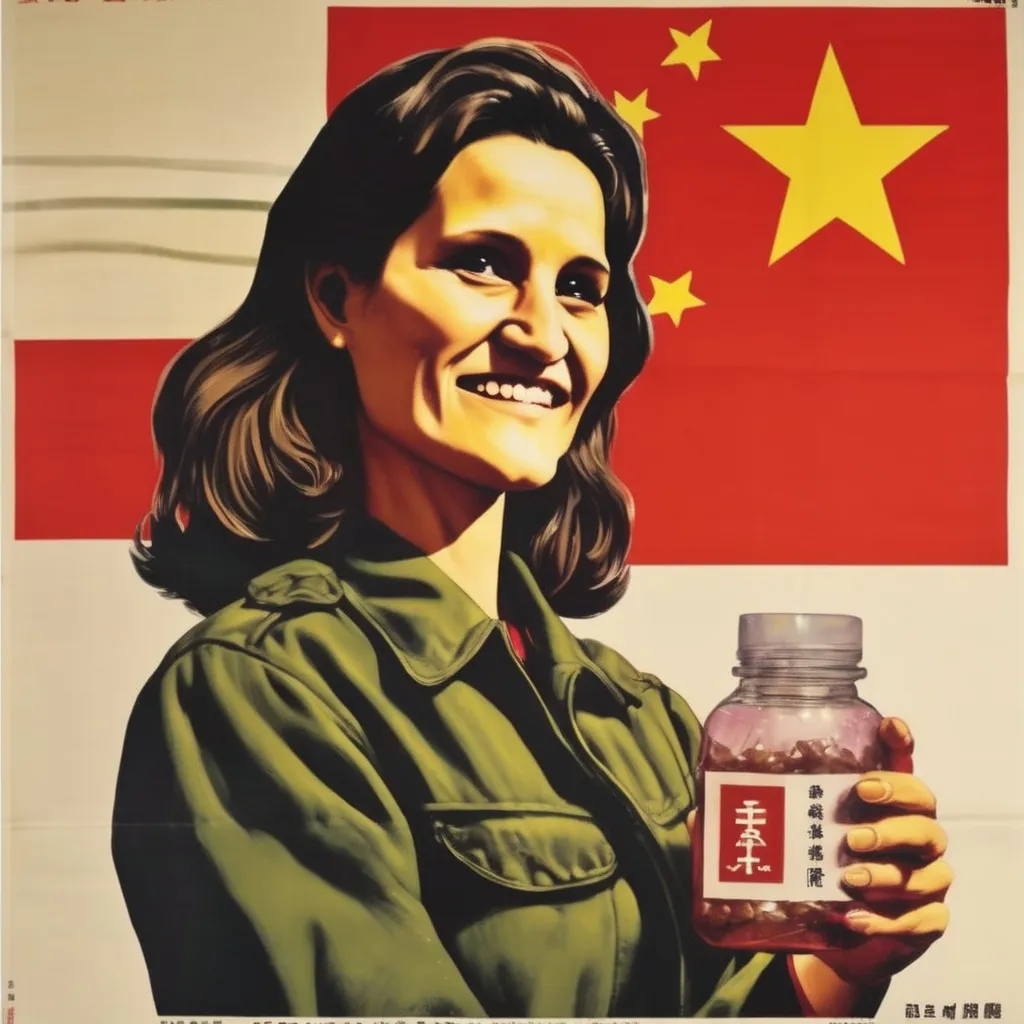 Prompt: Chinese propaganda poster from the cultural revolution, portrait of Chrystia Freeland taking meth.