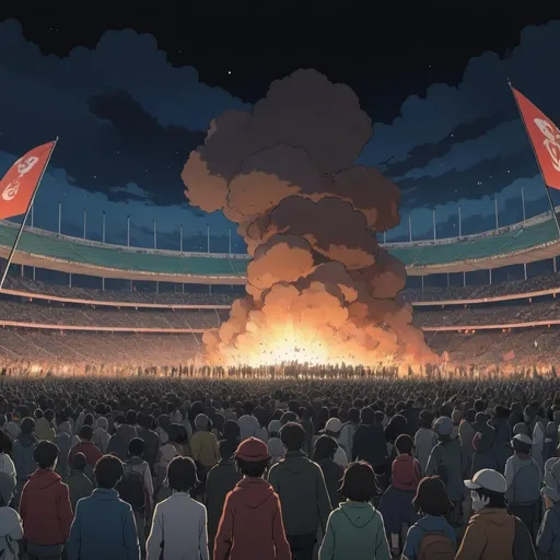 Prompt: Ghibli 2D anime style. A massive riot outside a stadium at night. 