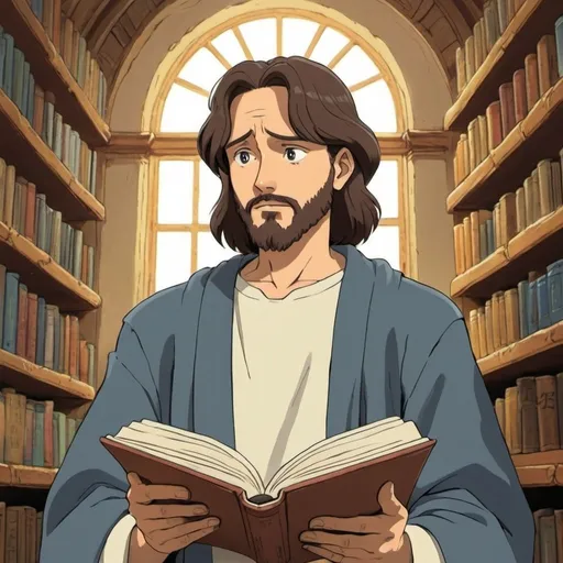 Prompt: Ghibli 2D anime style. Jesus reading Ayn Rands' Atlas Shrugged .