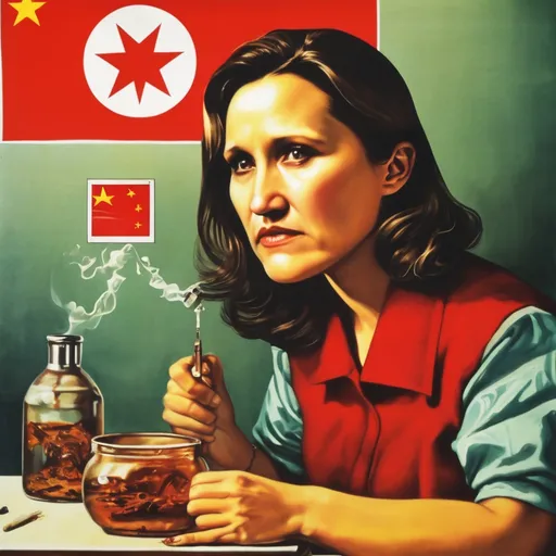 Prompt: Chinese propaganda poster from the cultural revolution, portrait of Chrystia Freeland taking meth.