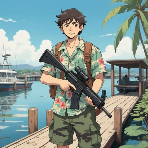 Prompt: Ghibli 2D anime style. A man wearing a Hawaiian shirt and camo clothing armed with an assault rifle. Daytime at a boat dock.