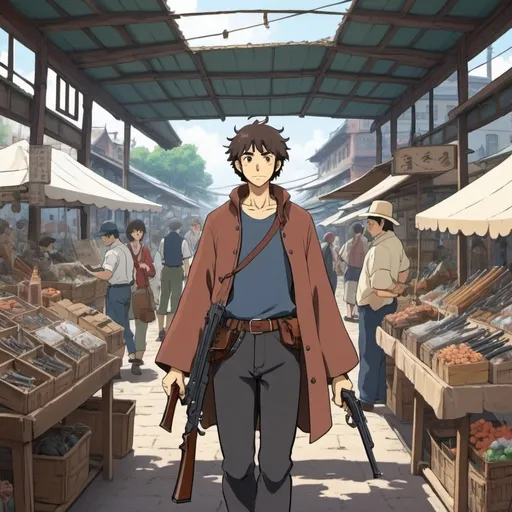 Prompt: Ghibli 2D anime style. A man selling firearms and weapons in an open air market. Daytime 