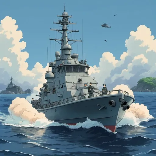 Prompt: Ghibli 2D anime style. A Naval patrol boat shooting at unseen targets.