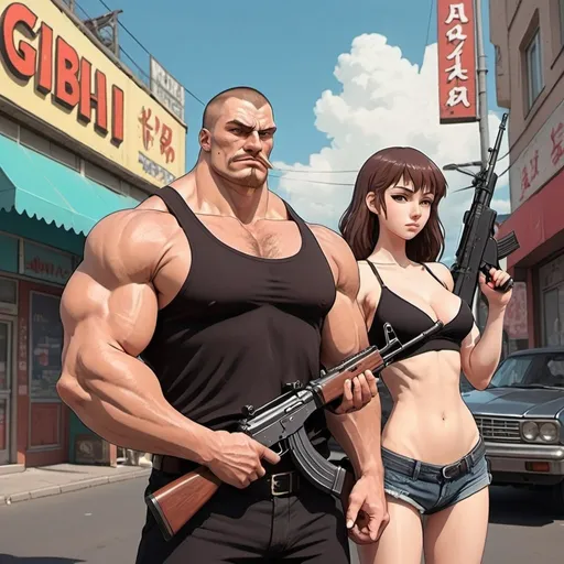 Prompt: Ghibli 2D anime style. A large muscular Russian mafia member with his trophy girlfriend. Armed with AK-47 rifle. Daytime outside of a strip club. 