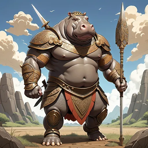 Prompt: Ghibli 2D anime style, imposing 7-foot male Hippo-Humanoid, powerfully muscular build, bulky legs, wearing intricately designed Greek hoplite body armor, grasping a long spear, shield detailed with ornate patterns, short sword sheathed in scabbard, earthy dirt ground, vast sky background painted in soft hues, vibrant colors, whimsical atmosphere, enchanting yet formidable, ultra-detailed composition, capturing dynamic essence of majestic creature.