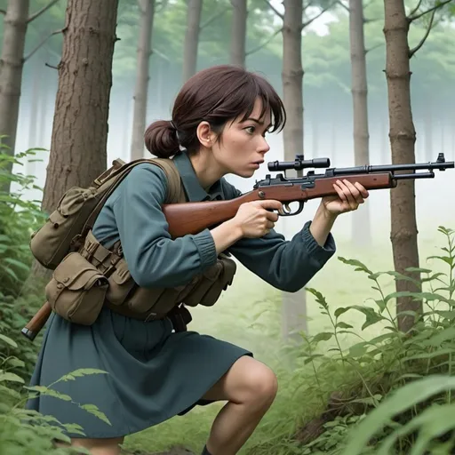 Prompt: Ghibli 2D anime style. A militia woman firing her SKS at an unseen target.