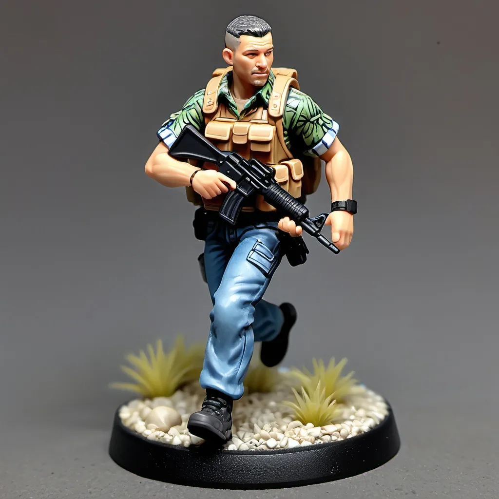 Prompt: A male Caucasian mercenary, black crew cut hair. AK-47, jeans, Hawaiian shirt, running shoes, chest rig and plate carrier. Style 28mm table top gaming miniature.