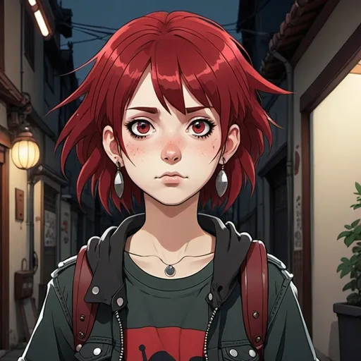 Prompt: Ghibli 2D anime style. Punk girl with dark red hair.
