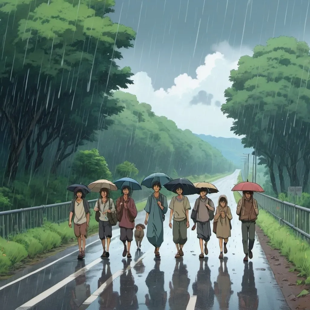 Prompt: Ghibli 2D anime style. A group of refugees walking along the side of a highway. raining.