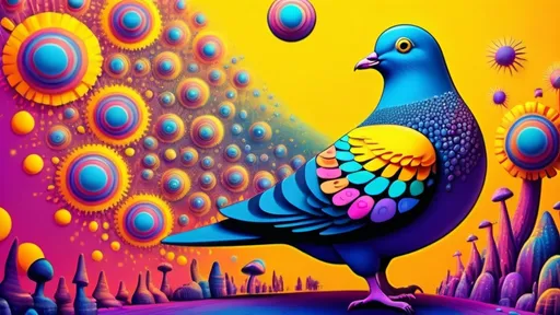 Prompt: A pigeon that is guiding you through an acid trip. psychedelic. magic mushrooms. yellow submarine.