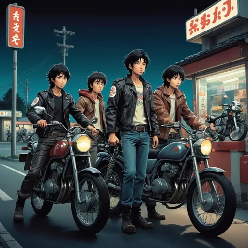 Prompt: Ghibli 2D anime style. A group of male Japanese Go go bikers. all wear identical attire including leather jacket. Armed with a variety of weapons. Nighttime outside of a gas station. Parked motorcycles.