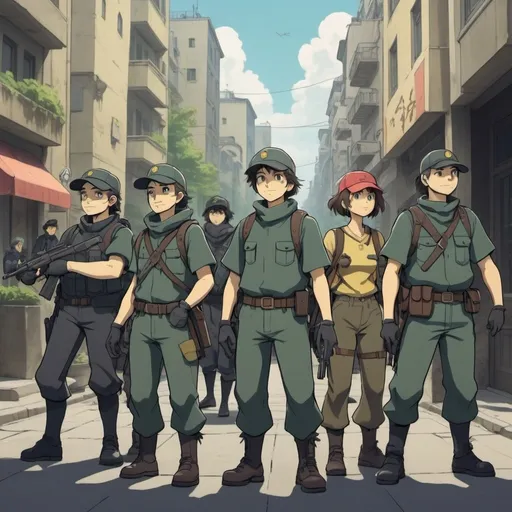 Prompt: Ghibli 2D anime style. A squad of Anarcho-Capitalist militia in a city.