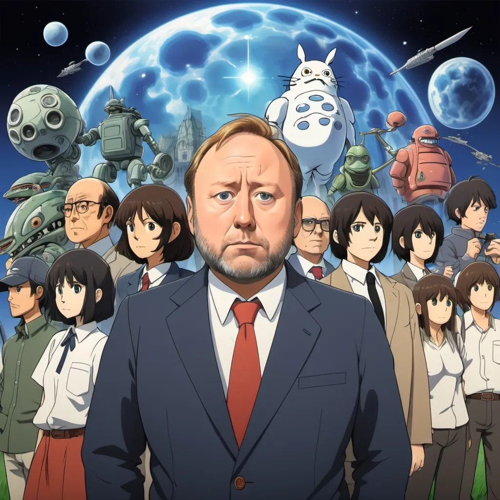 Prompt: Ghibli 2D anime style. Alex Jones. Info wars.