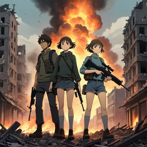Prompt: Ghibli 2D anime style. A of man and woman armed with assault rifles in a city. Behind them a destroyed city burns. Night.