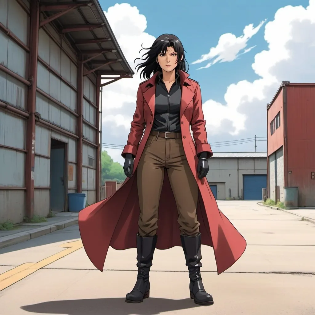 Prompt: 2d studio Ghibli anime style. Crimson leather long coat. Black leather shirt, pants. Gina Carano with long black hair with bangs. tall combat boots, gloves. Standing in a parking lot outside a modern warehouse building. 2d studio Ghibli anime style.