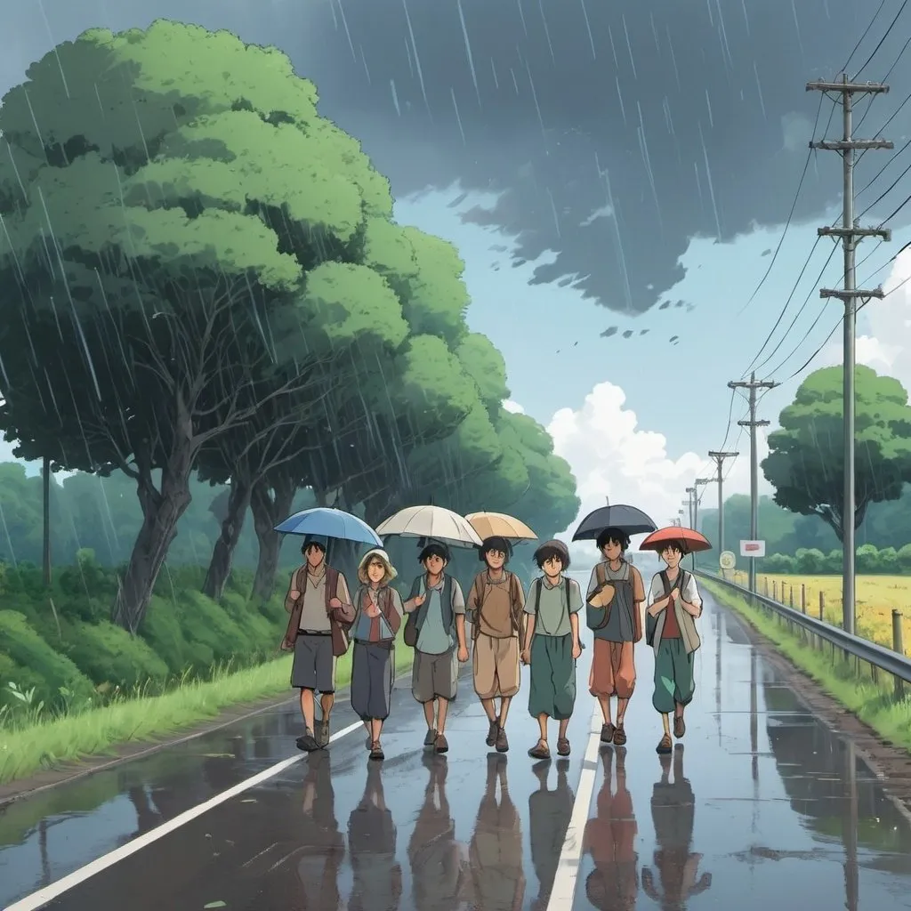 Prompt: Ghibli 2D anime style. A group of refugees walking along the side of a highway. raining.