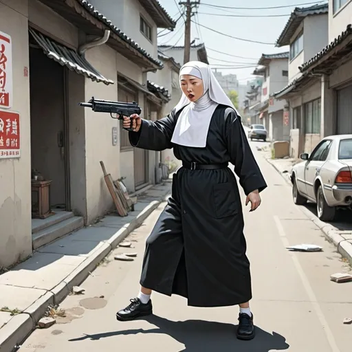 Prompt: Kim Jung Gi style illustration. Nun shooting Uzi in the street.