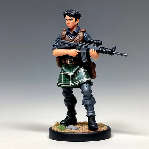 Prompt: Style 28mm table top gaming miniature. A young man wearing a Blackwatch tartan kilt and camo shirt. Black hair. armed with an assault rifle.