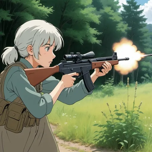 Prompt: Ghibli 2D anime style. A militia woman firing her Steyr AUG at an unseen target.