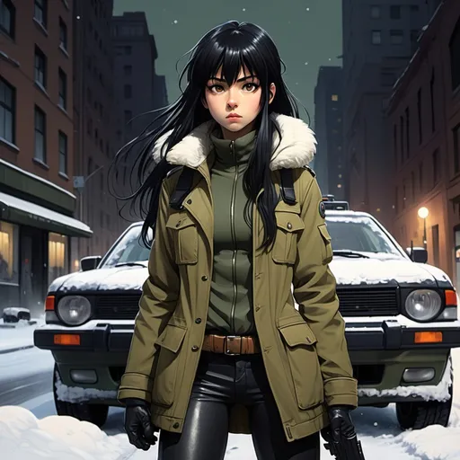 Prompt: Ghibli 2D anime style. Female Division agent. Long black hair with bangs. leather leggings, tall combat boots. M65 olive drab jacket. armed with an uzi. taking cover beside car. night. NYC. Winter.