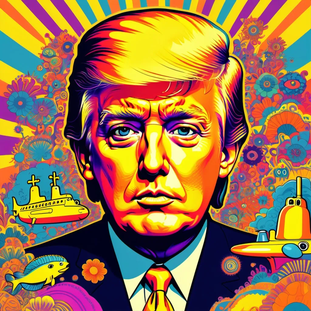 Prompt: Trump. psychedelic 60's illustration style. Yellow submarine animation.