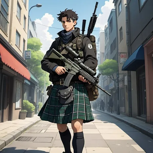 Prompt: Ghibli 2D anime style. A man wearing a Blackwatch tartan kilt and camo clothing armed with an assault rifle. Daytime in city.