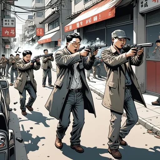 Prompt: Kim Jung Gi style illustration. people shooting guns in the street.