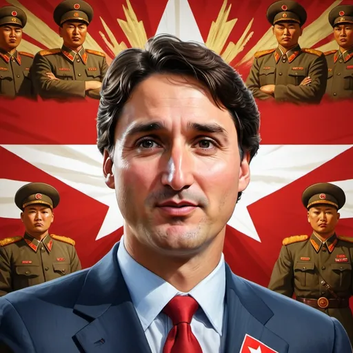 Prompt: Justin Trudeau depicted in a North Korean style propaganda poster.  