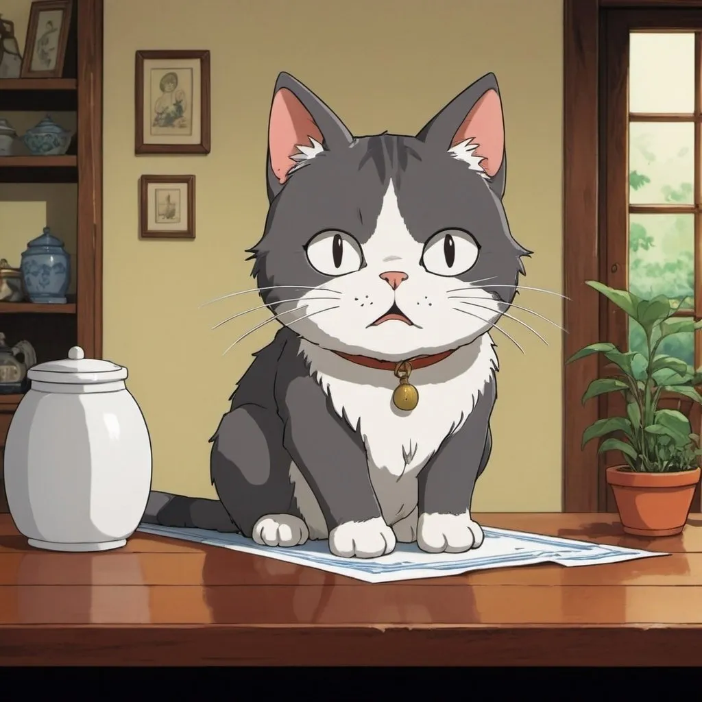 Prompt: Ghibli 2D anime style. 
A cat is shitting on the table. What you told me to type it!!!!