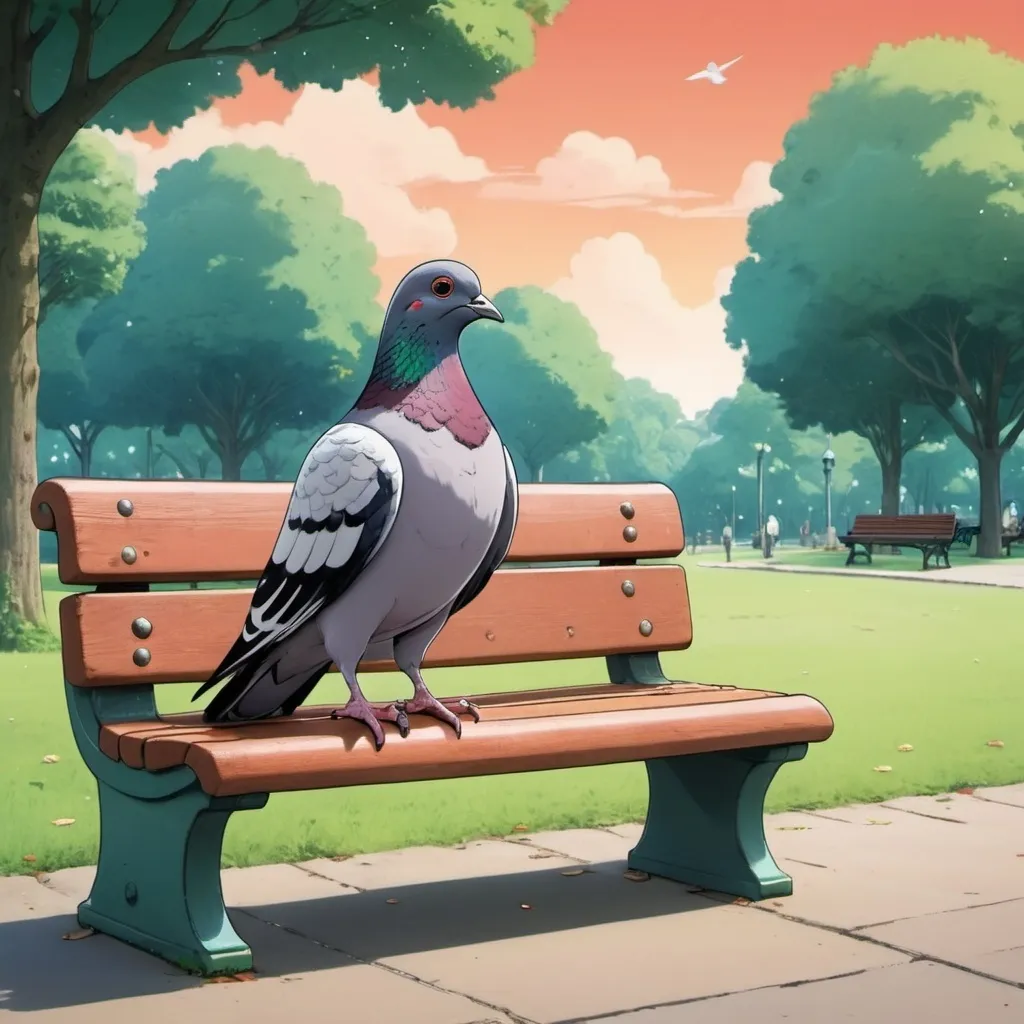 Prompt: Ghibli 2D anime style. A pigeon named Ph!l, sitting at the edge of the universe on a park bench.