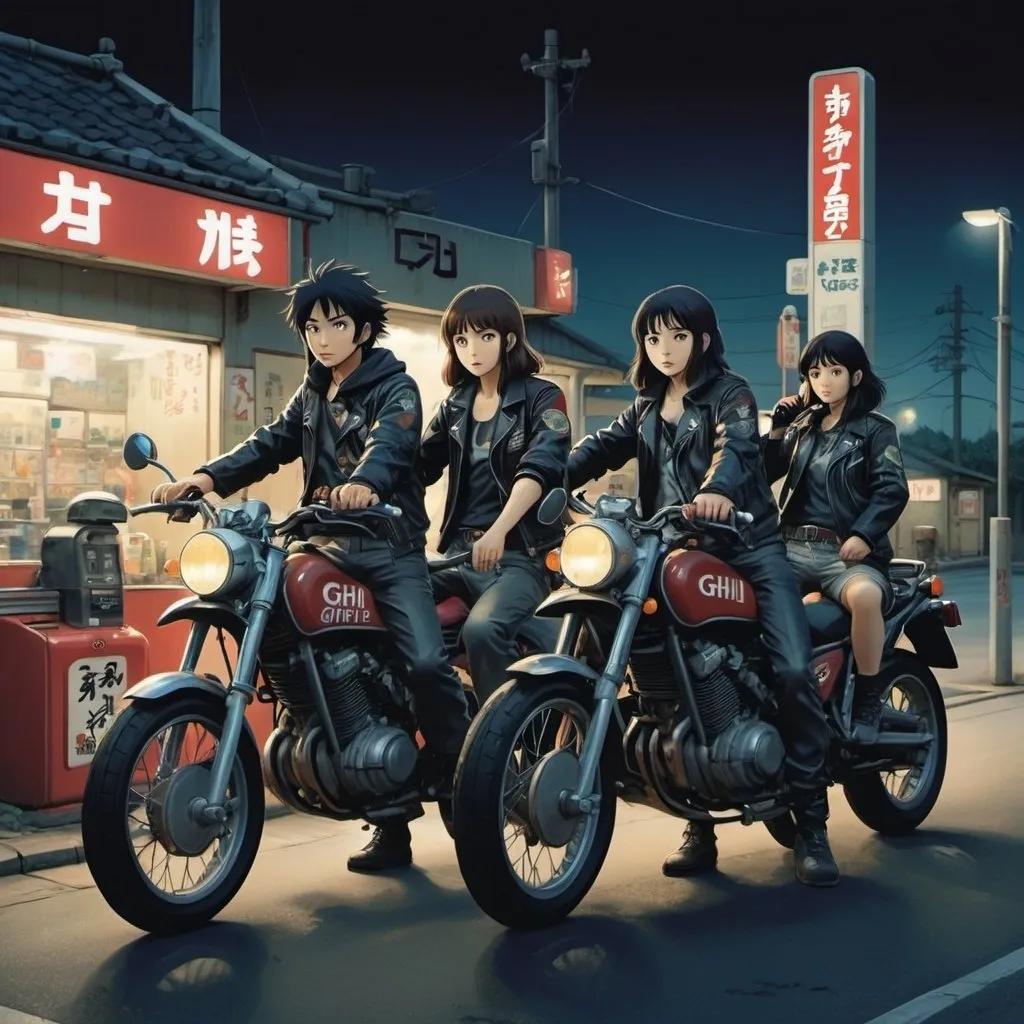 Prompt: Ghibli 2D anime style. A group of Japanese Go go bikers. all wear identical attire including leather jacket. Armed with a variety of weapons. Nighttime outside of a gas station. Parked motocycles.