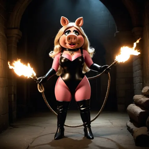 Prompt: Miss Piggy wearing a heavy rubber body suit, gloves and tall boots. She wields a bullwhip in a dark dungeon illuminated by torches. God help me. 