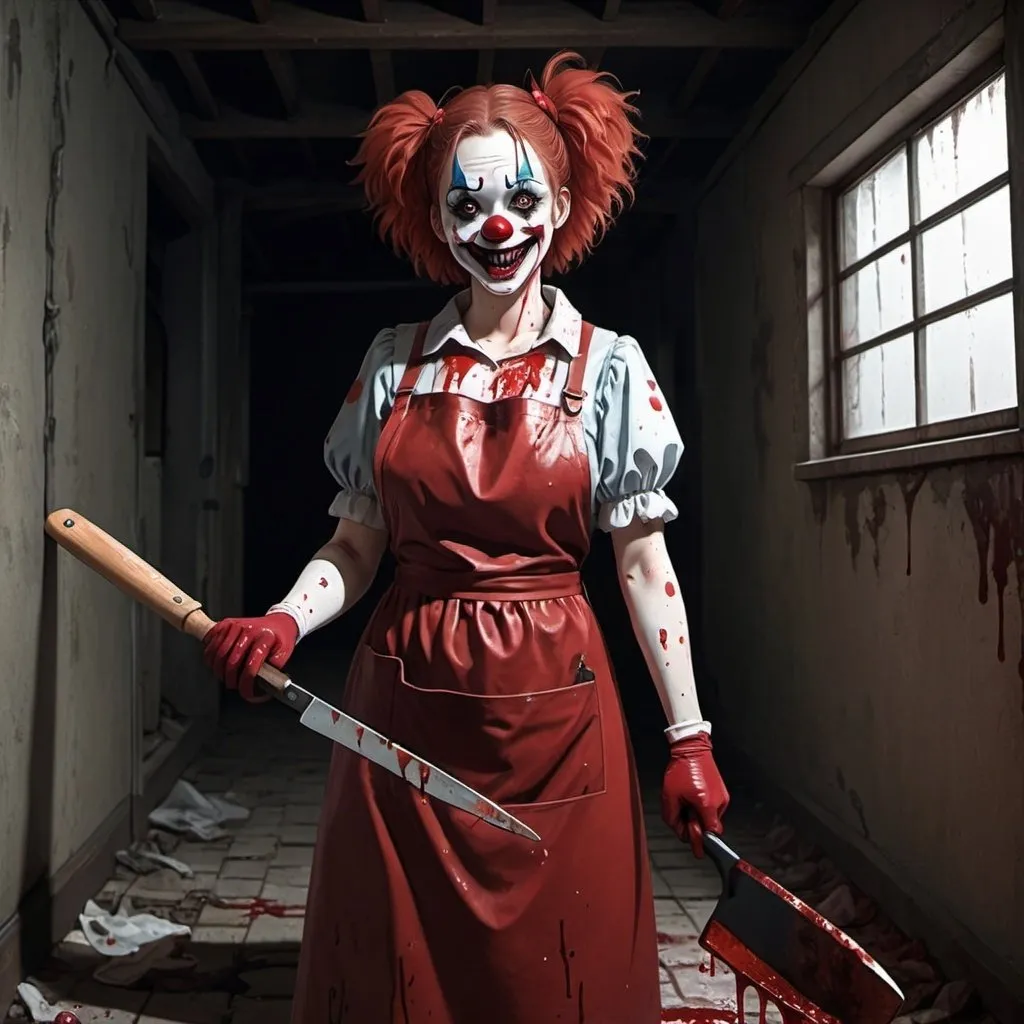 Prompt: Ghibli 2D anime style. A female clown wearing a heavy rubber apron and long gloves with a meat cleaver, covered in blood. Dilapidated basement.