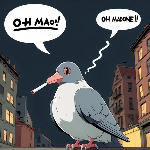 Prompt: Ghibli 2D anime style. Text bubble "Oh Madone!" A pigeon smoking a cigarette. A NYC tough Pigeon. 