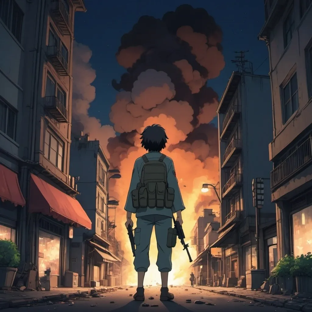 Prompt: Ghibli 2D anime style. A Terrorist bombing in a downtown area of a city. Night time.