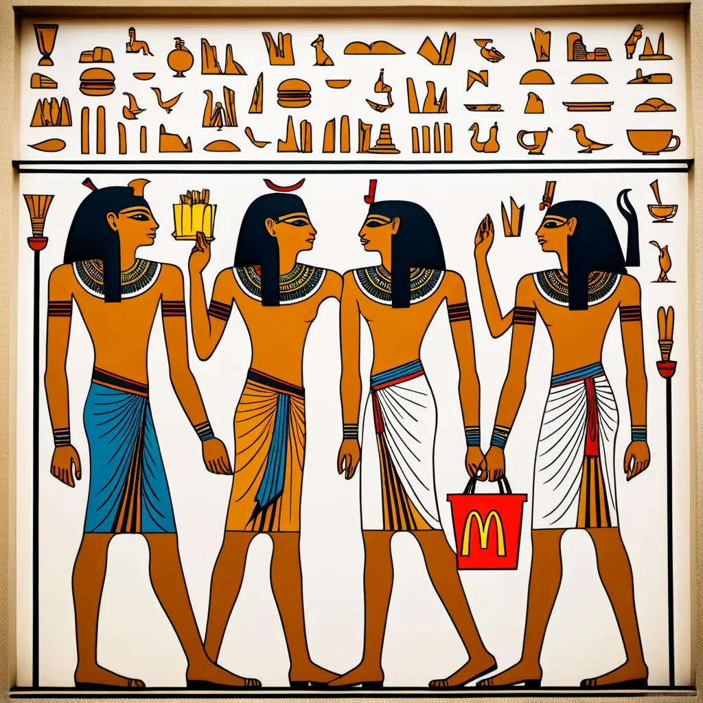 Prompt: Egyptian Hieroglyphics. A family ordering McDonalds.