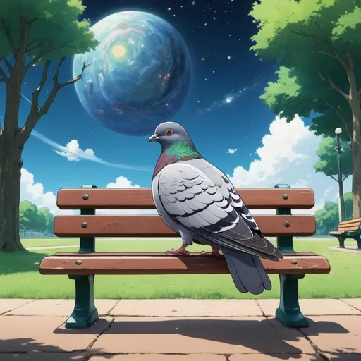 Prompt: Ghibli 2D anime style. A pigeon named Ph!l, sitting at the edge of the universe on a park bench.