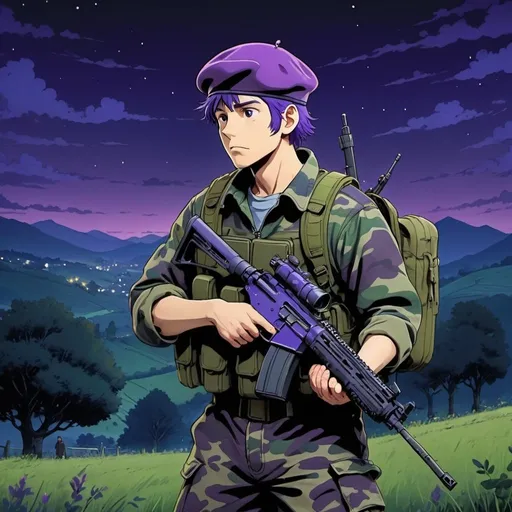 Prompt: Ghibli 2D anime style. A man wearing a royal purple beret and camo clothing armed with an assault rifle. Nighttime in a the countryside.