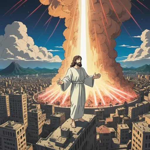 Prompt: Ghibli 2D anime style. 900 ft tall Jesus destroying the city of New Sodom with laser beam eyes.