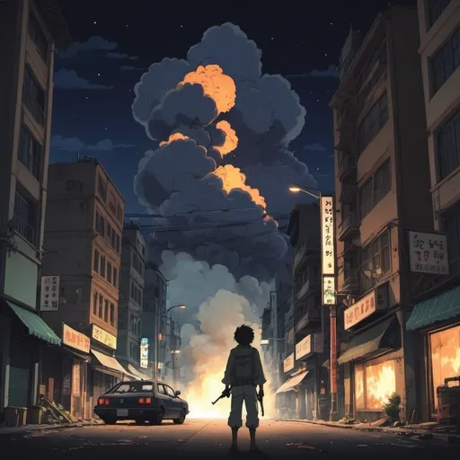 Prompt: Ghibli 2D anime style. A Terrorist bombing in a downtown area of a city. Night time.