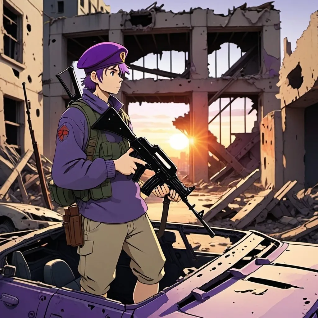 Prompt: Studio Ghibli 2D anime style.
A lone rebel militiaman wearing a royal purple beret and armed with an ak-47, stands on top of a wrecked car in a war torn city, watching the sun set.