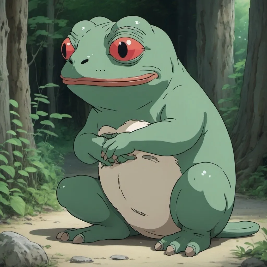 Prompt: Studio Ghibli 2D anime style. The rarest Pepe. Feels good man.