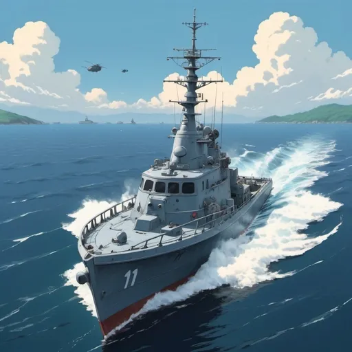 Prompt: Ghibli 2D anime style. A Naval patrol boat shooting at unseen targets.
