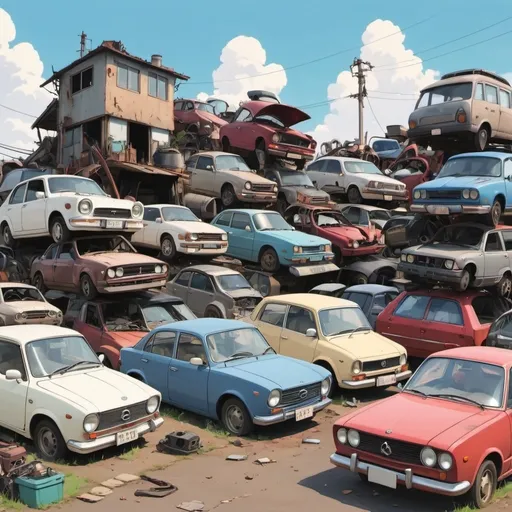 Prompt: Ghibli 2D anime style. A scrap yard with many old cars and home appliances.