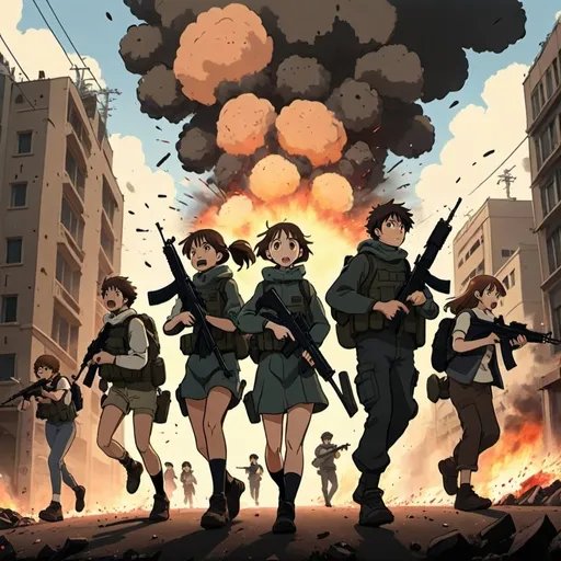 Prompt: Ghibli 2D anime style. A squad of men and women armed with assault rifles in a city as explosions go off around them.