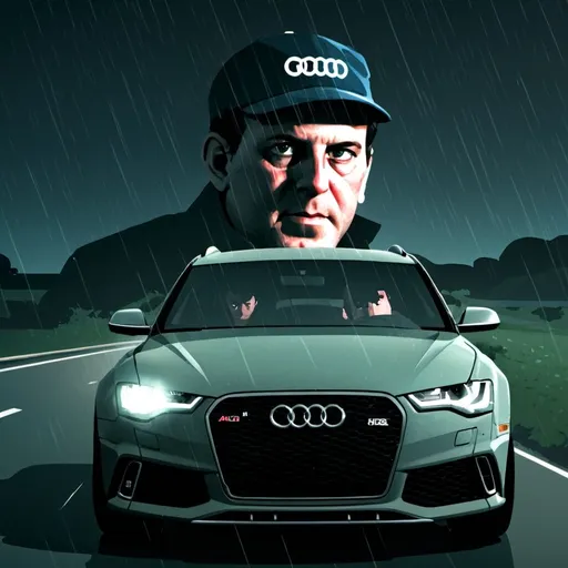 Prompt: Ghibli 2D anime style. An Audi rs6 Avant speeding down an interstate. Night, raining.