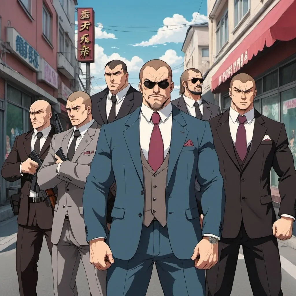 Prompt: Ghibli 2D anime style. A group of large muscular Russian mafia. All wear suits. Armed with AK-47 rifles. Daytime outside of a strip club. 